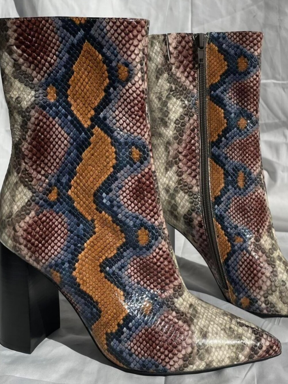 Jeffrey Campbell Siren Snake Print Block Heel Booties Grey Wine Multi Sz 5